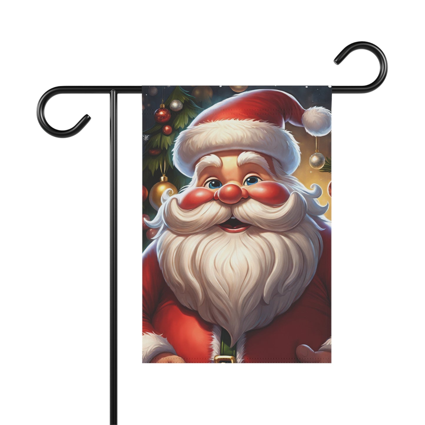 Jolly Santa Claus garden flag with a red suit, white beard, and Santa hat, in front of a Christmas tree with ornaments and lights, on a black metal garden flag stand