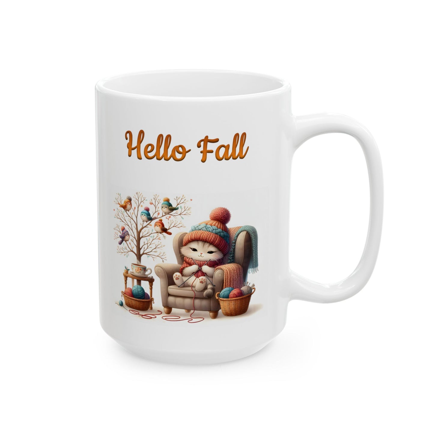 "Hello Fall" Cute Cat & Birds Coffee Mug