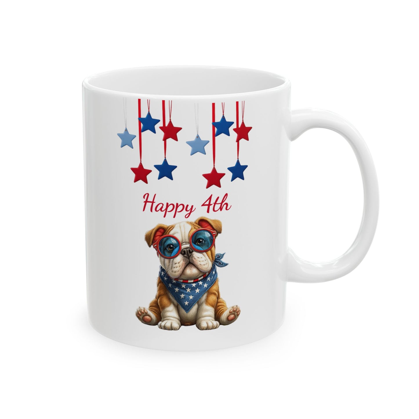 White ceramic coffee mug with a cute cartoon bulldog wearing red and blue sunglasses and a stars-and-stripes bandana, with red and blue dangling stars and 'Happy 4th' text.