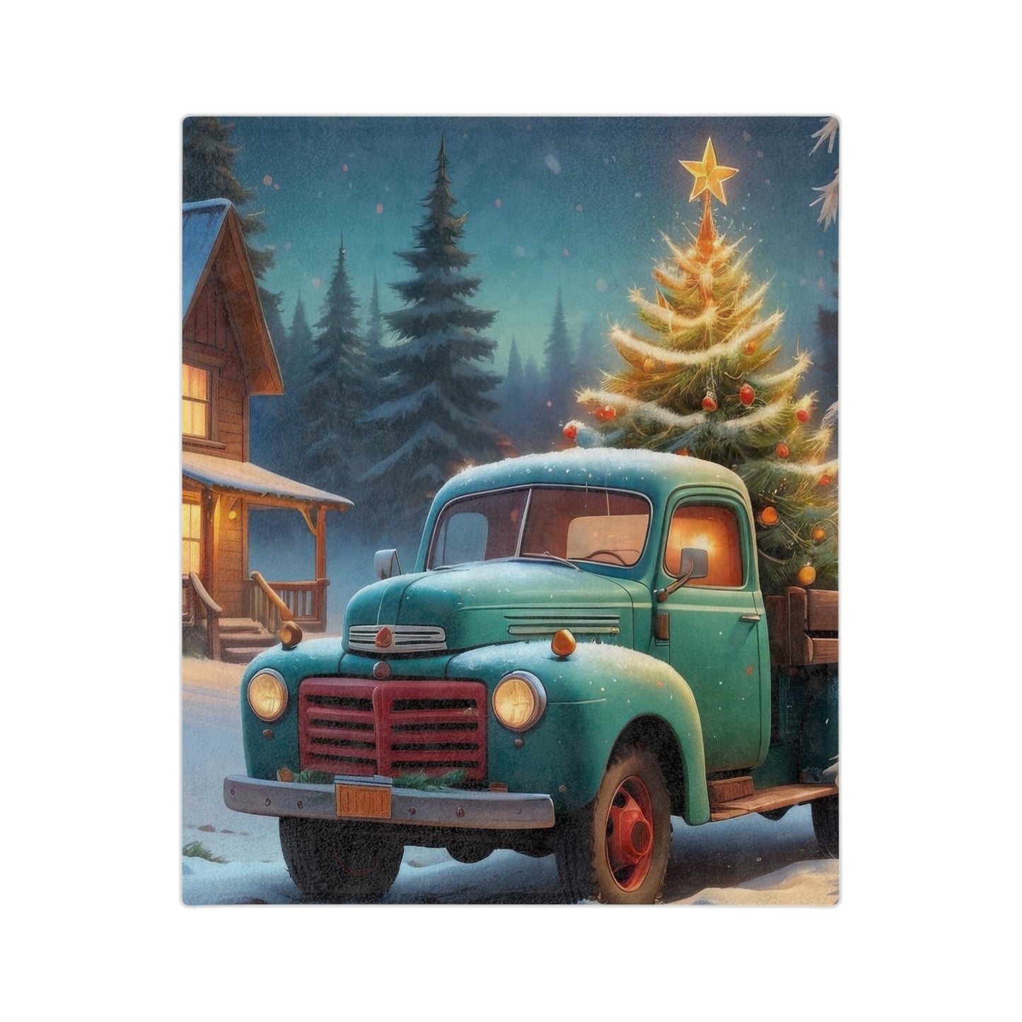 Vintage green truck with Christmas tree and snowy cabin scene on plush holiday blanket