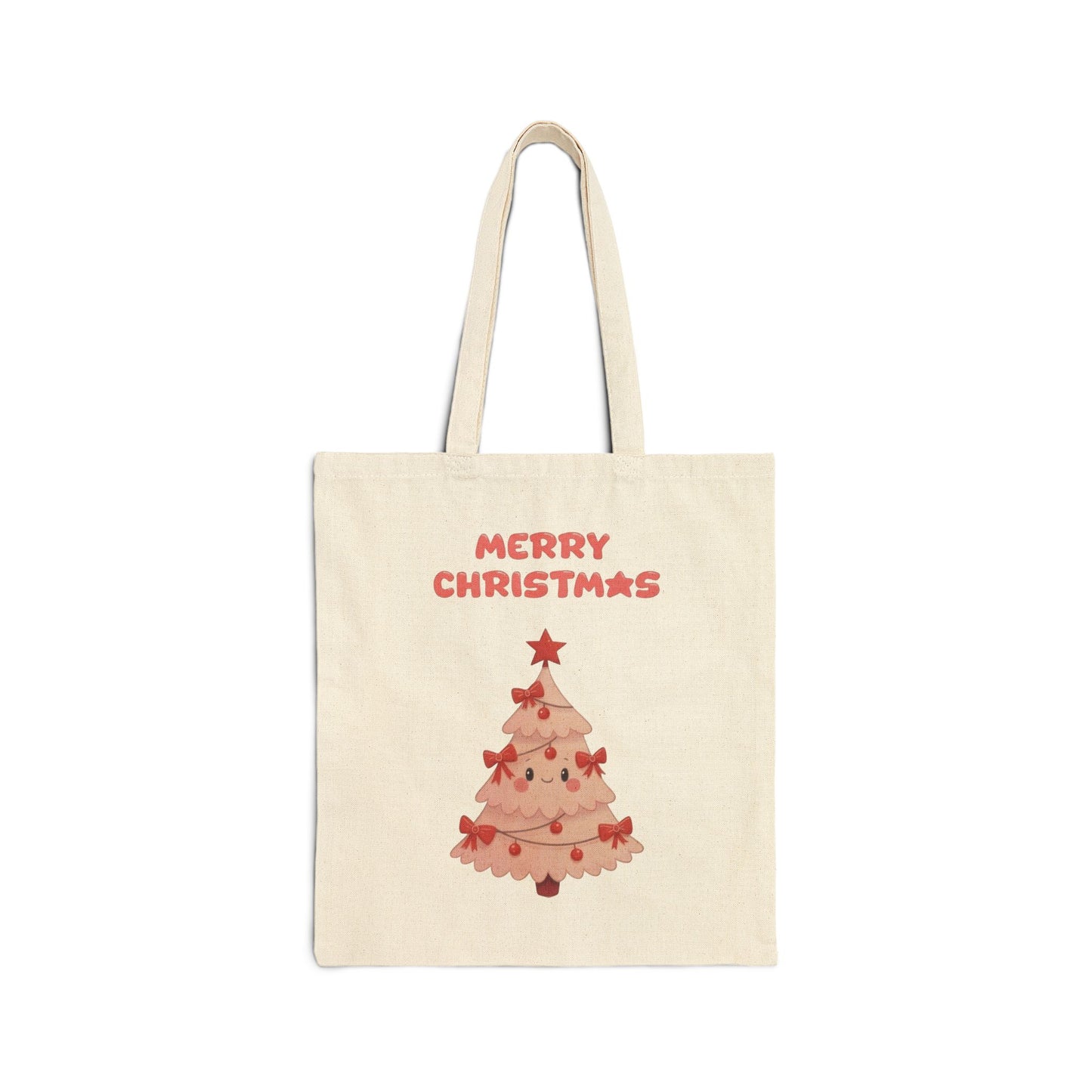 Canvas tote bag with a cute kawaii-style Christmas tree and "Merry Christmas" text