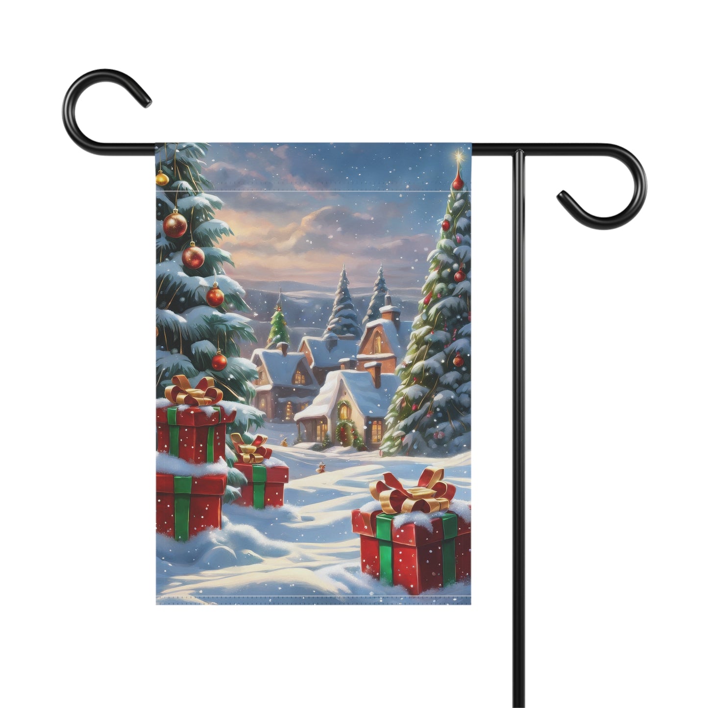 Magical Christmas village garden flag with snow-covered houses, festive Christmas trees with red ornaments, and wrapped red and green presents in a snowy landscape, on a black metal garden flag stand.