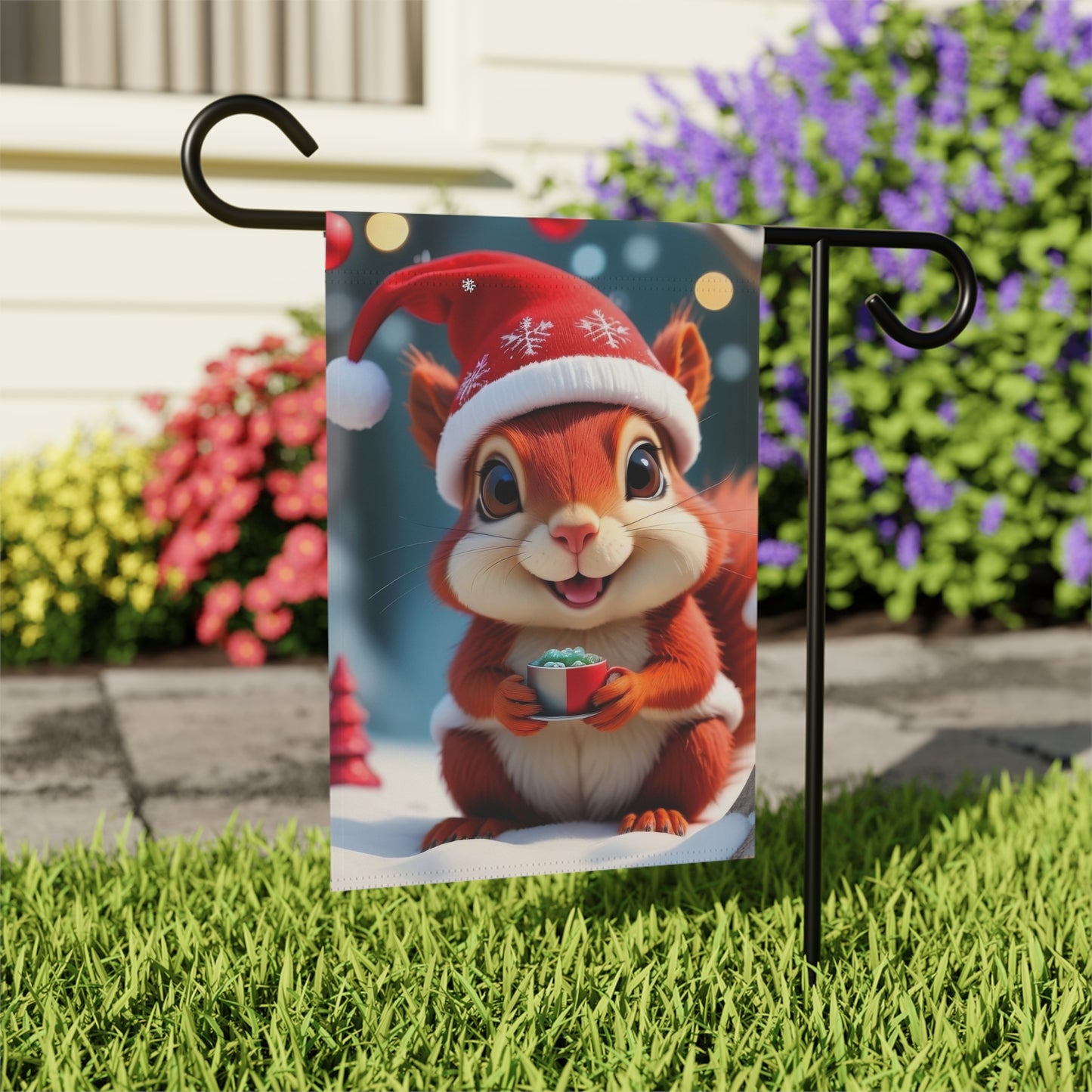 Cute Christmas squirrel garden flag with Santa hat and hot cocoa mug, snowy background, holiday decor, winter garden art.