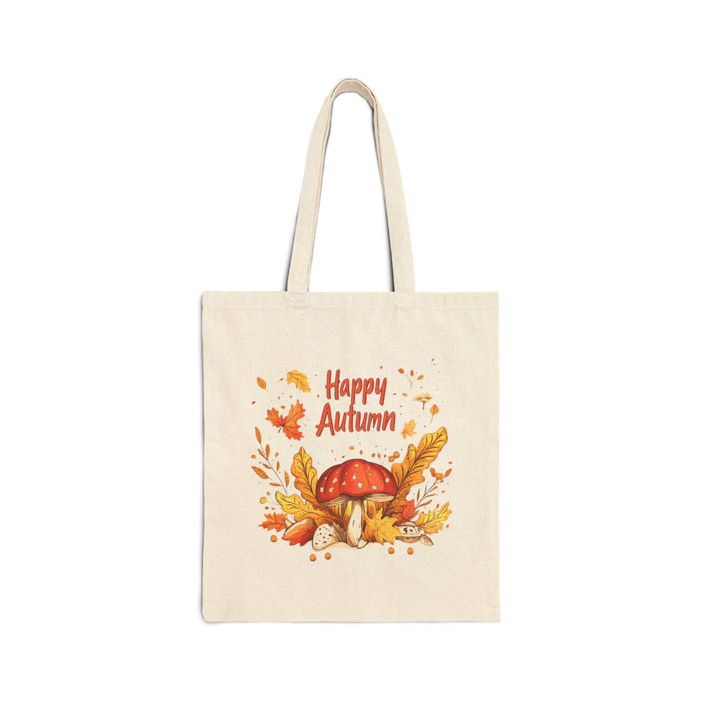 Canvas tote bag with a red mushroom and "Happy Autumn" text