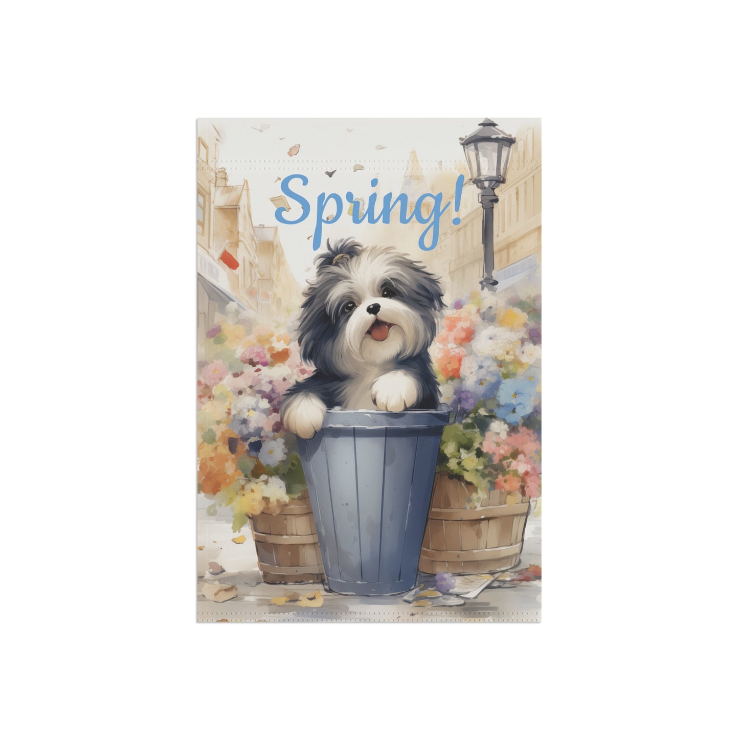"Spring!" Garden Flag with Cute Dog in Flower Pot