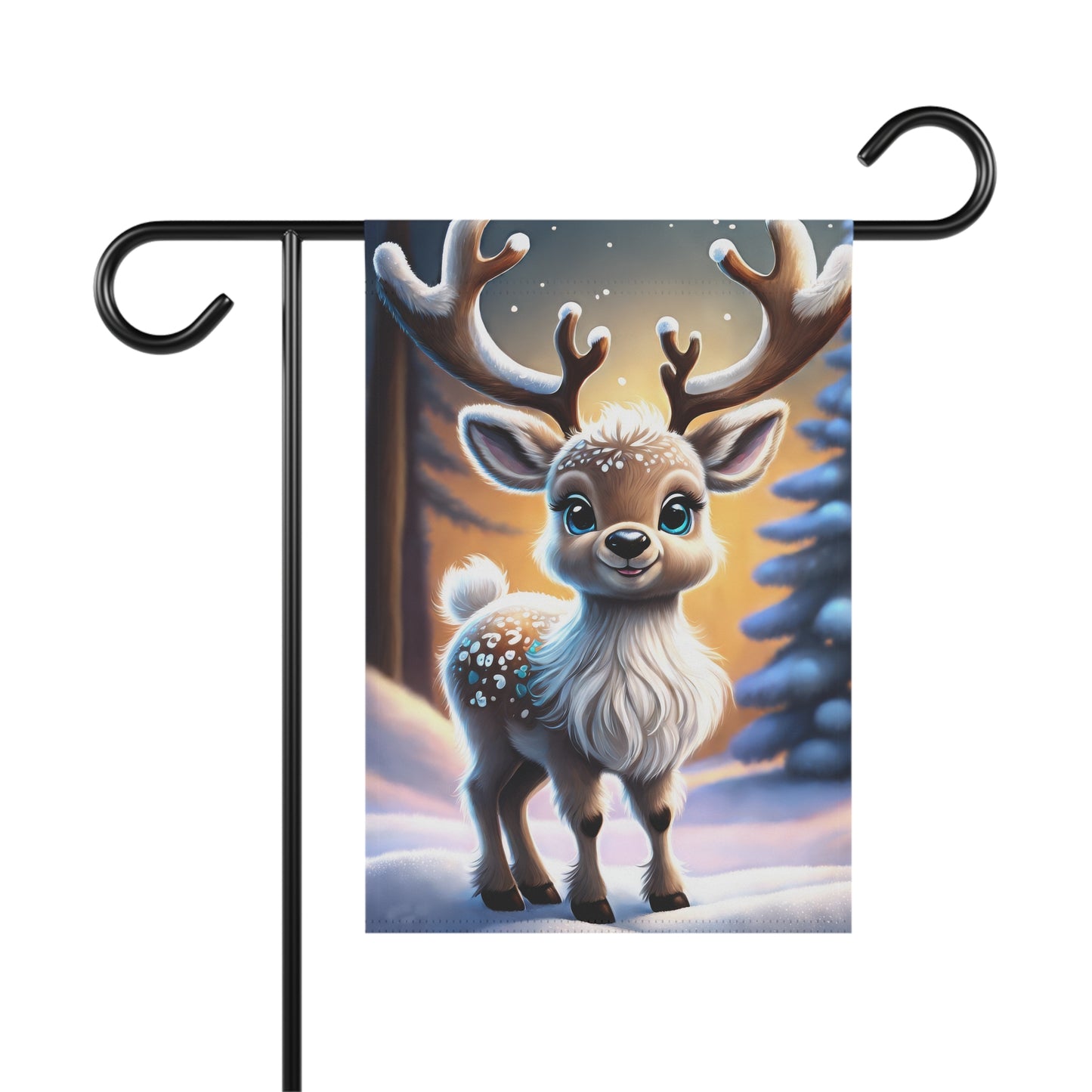 Cute cartoon spotted fawn reindeer garden flag with blue eyes and snow-capped antlers, standing in a snowy forest with falling snowflakes, festive holiday outdoor decor.