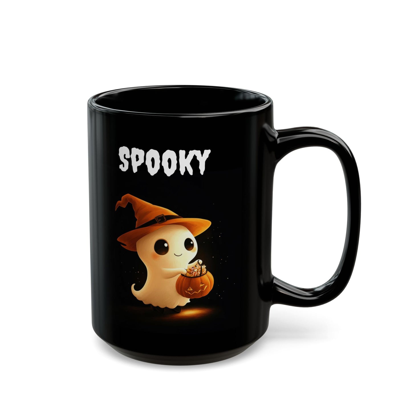 SPOOKY" Cute Ghost & Witch Hat Black Coffee Mug