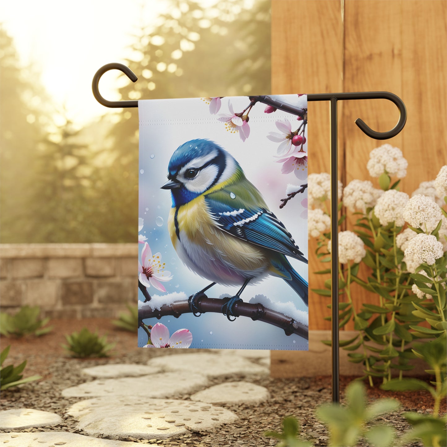 Blue Tit Bird Garden Flag with Cherry Blossoms