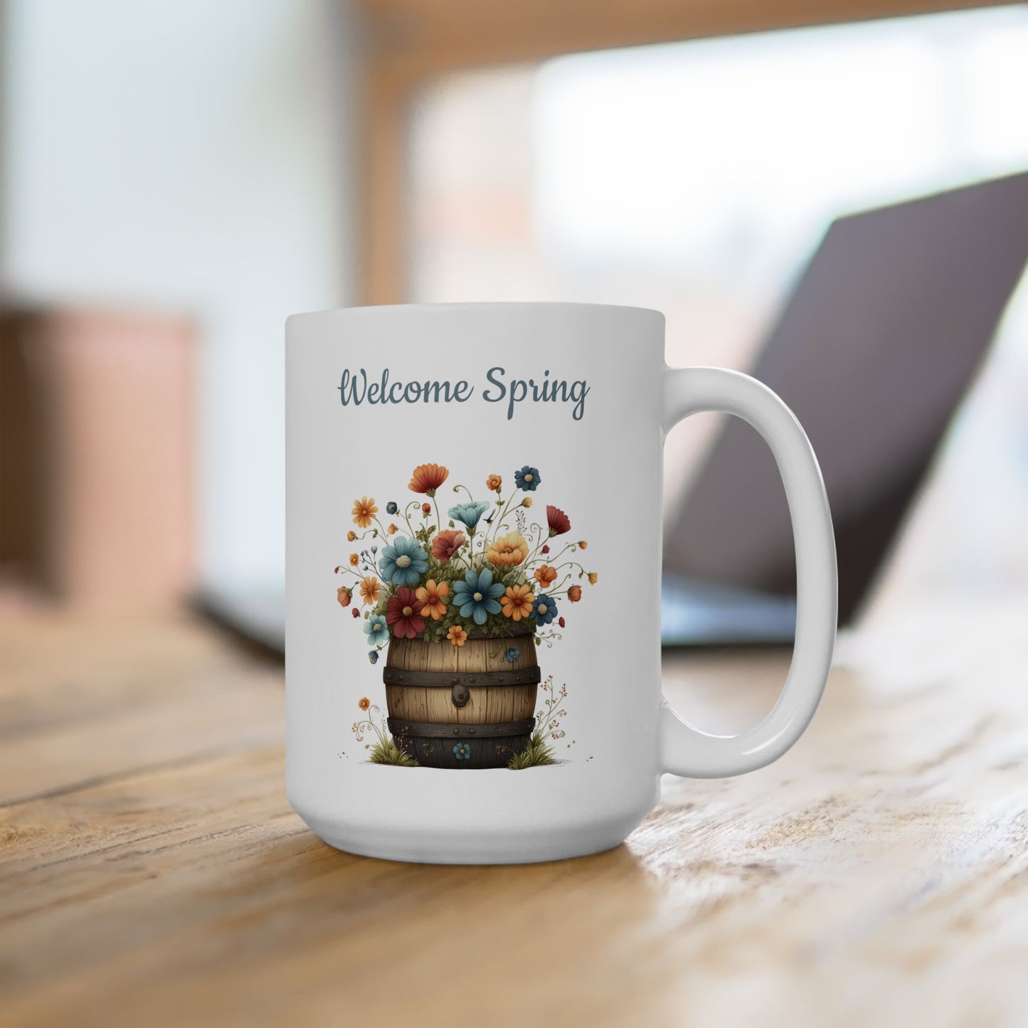Welcome Spring Floral Barrel Mug