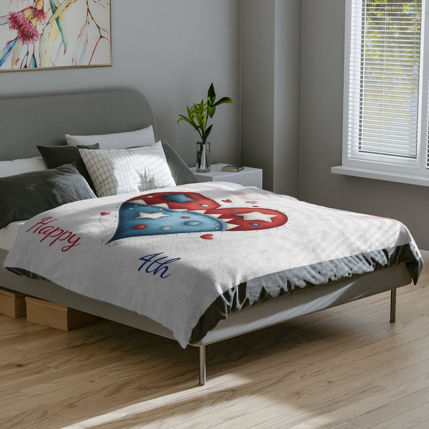 Happy 4th Patriotic Heart Velveteen Plush Blanket