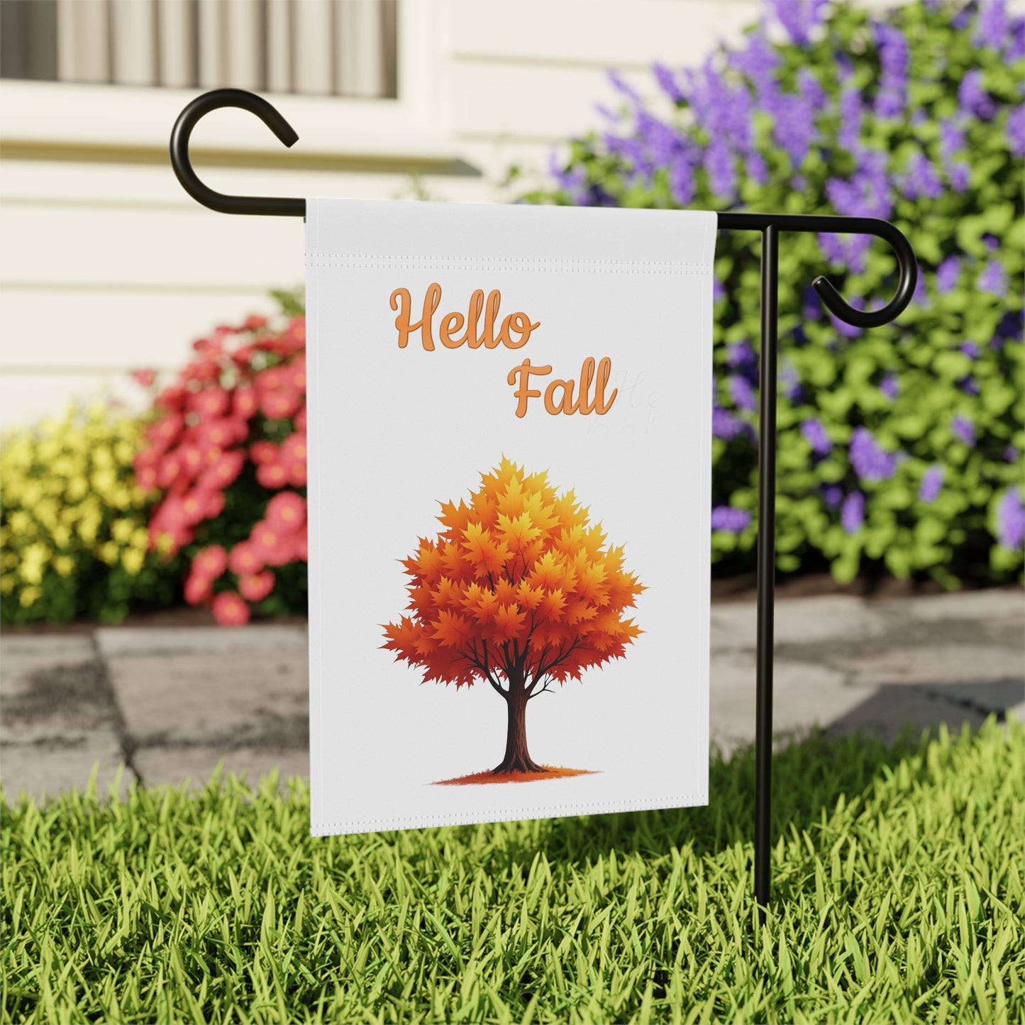 Hello Fall Garden Flag with Golden Autumn Tree