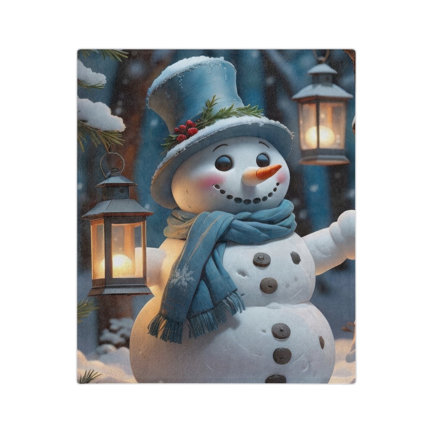 Snowman holding lanterns in a snowy forest wearing a blue scarf and hat on a velveteen plush holiday blanket