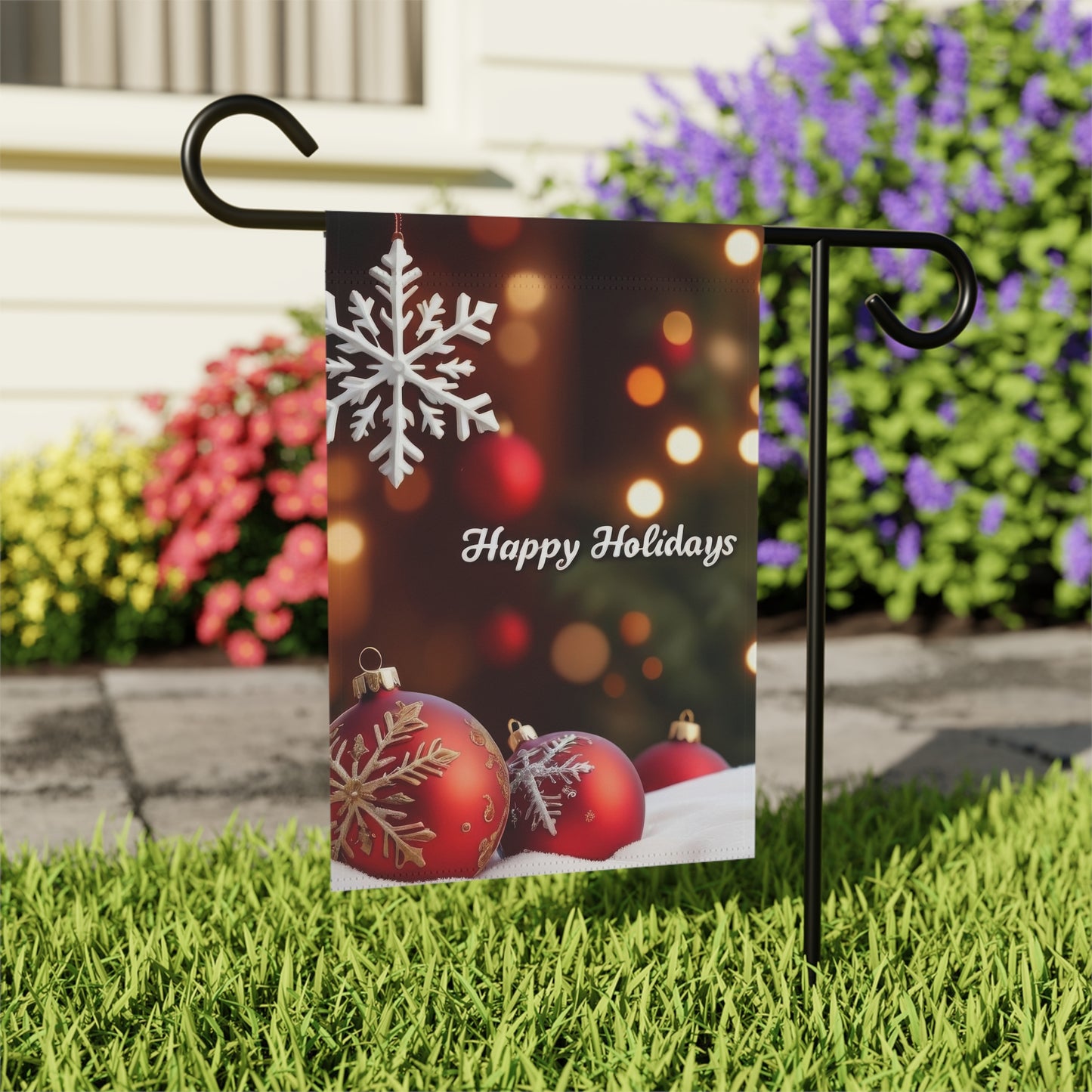 "Happy Holidays" Snowflake & Ornaments Garden Flag