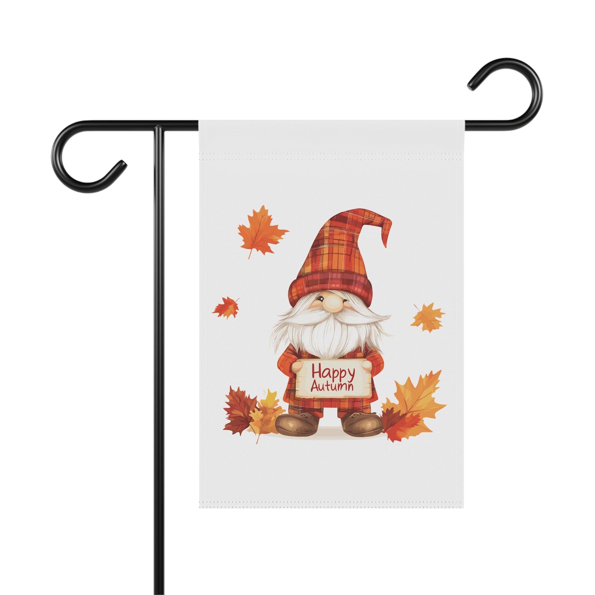 A garden flag on a stand featuring a cartoon gnome with a plaid hat, a long white beard, and a sign that says "Happy Autumn" surrounded by colorful fall leaves.