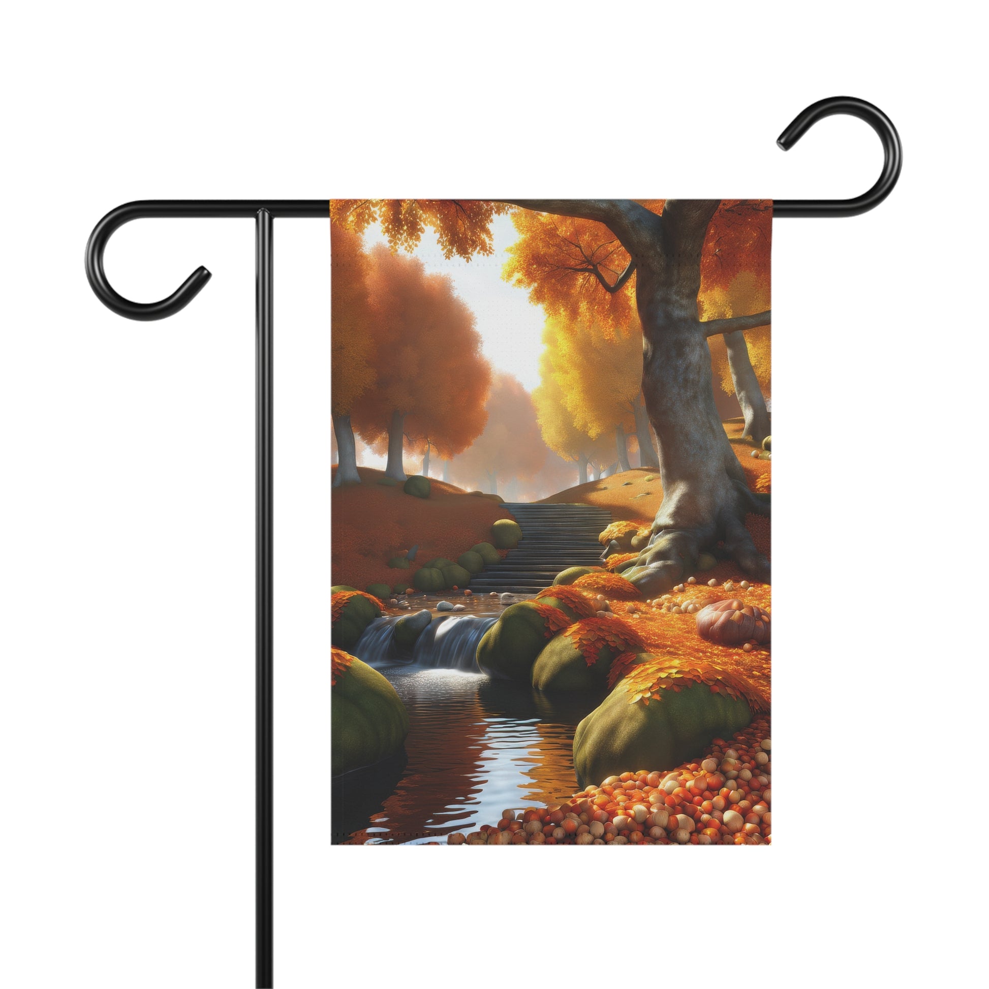 Autumn forest garden flag with a stream, orange and yellow trees, fallen leaves, and rocks