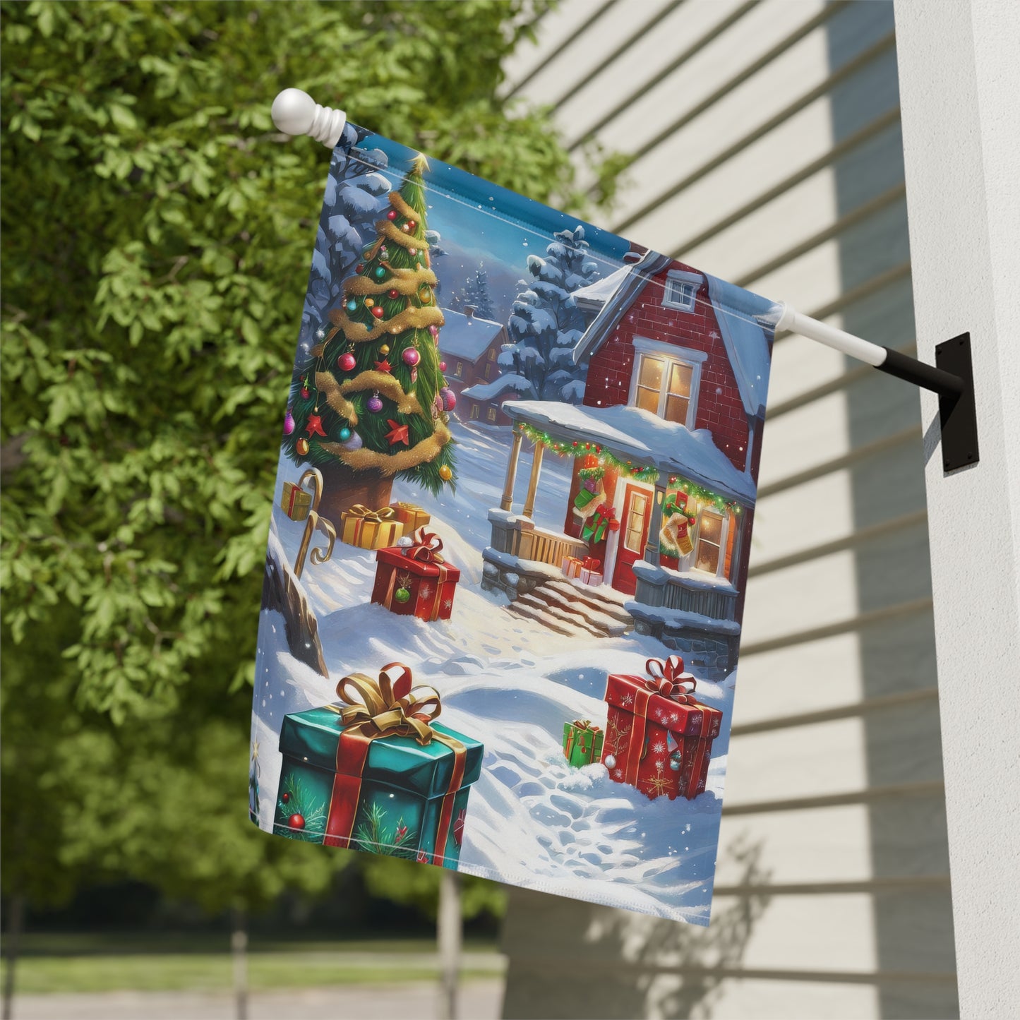 Christmas House Adorned with Presents Holiday Garden Flag/ House Banner