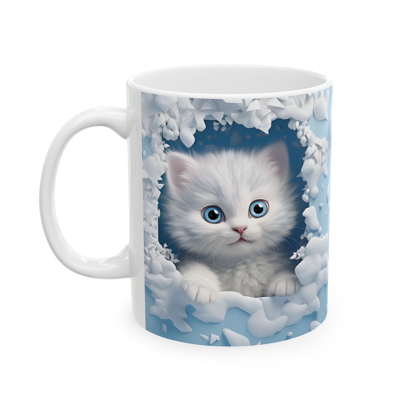 Adorable Blue-Eyed 3-D White Kitten Coffee Mug