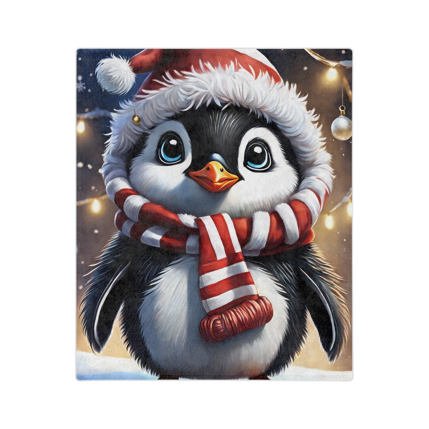 festive velveteen plush blanket featuring a cute cartoon penguin wearing a red striped Santa hat with a pompom and a matching red and white striped scarf, with soft bokeh lights in the background.