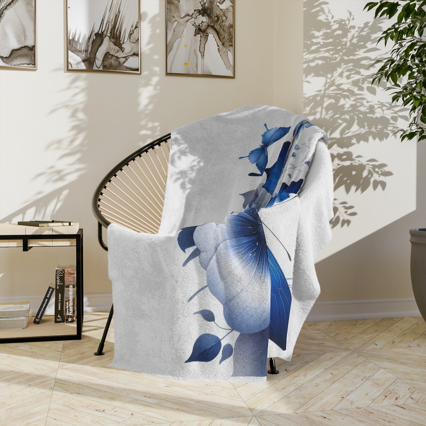 Elegant Blue Butterflies & Flowers Velveteen Blanket