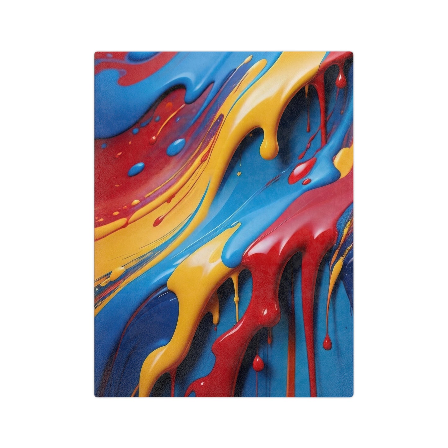 A vibrant velveteen blanket with a fluid abstract art design of red, yellow, and blue paint drips and swirls.