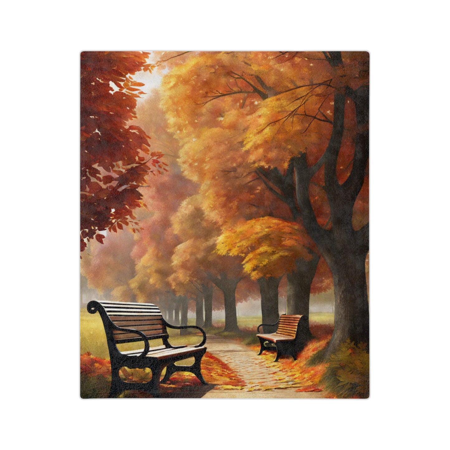 Lightweight velveteen blanket depicting an autumn park scene with a path, multiple park benches, and an avenue of trees with vibrant orange and red fall foliage.