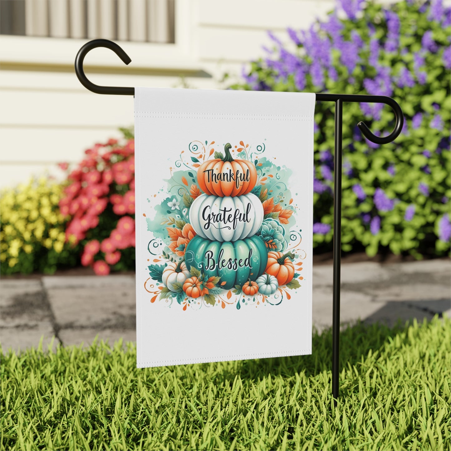 "Thankful Grateful Blessed" Pumpkin Stack Garden Flag