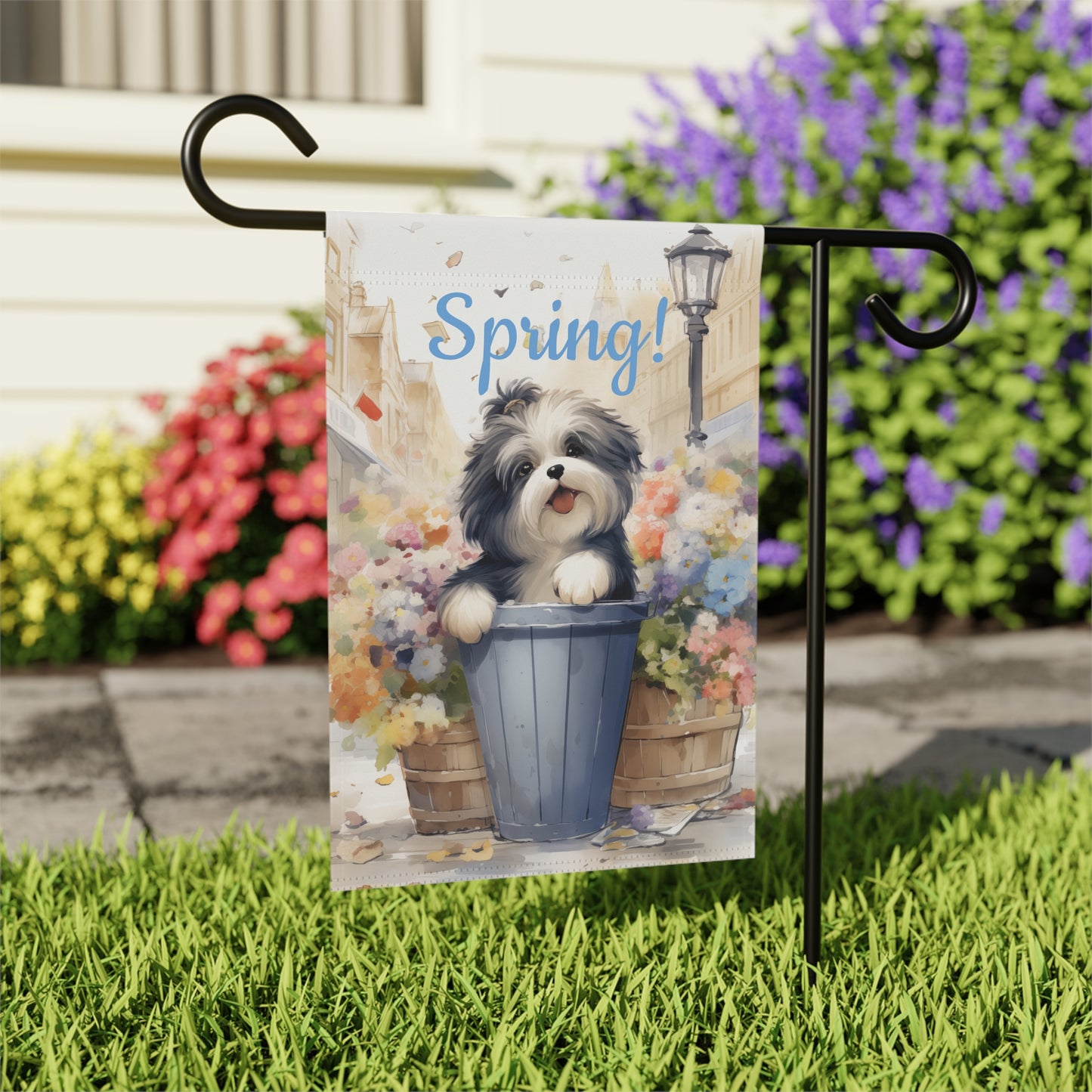 "Spring!" Garden Flag with Cute Dog in Flower Pot