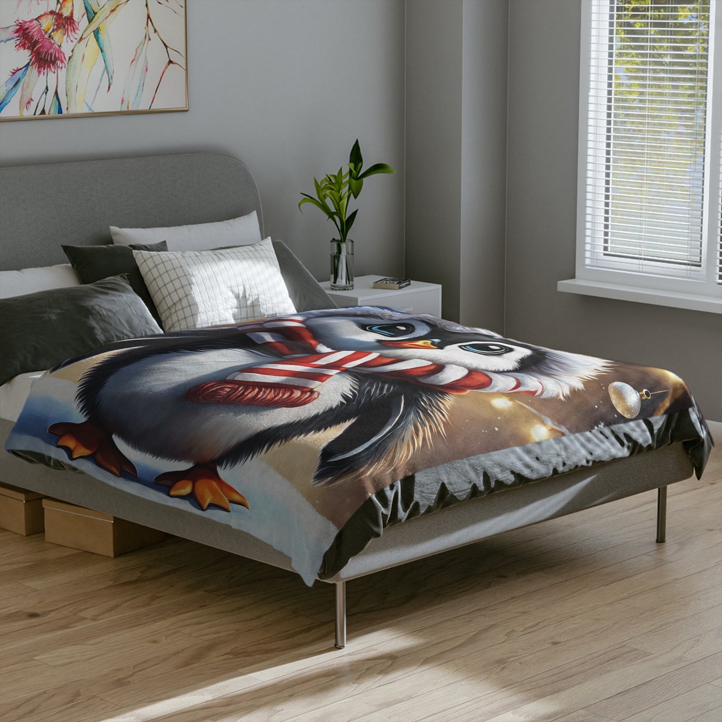 Adorable Christmas Penguin Velveteen Plush Blanket