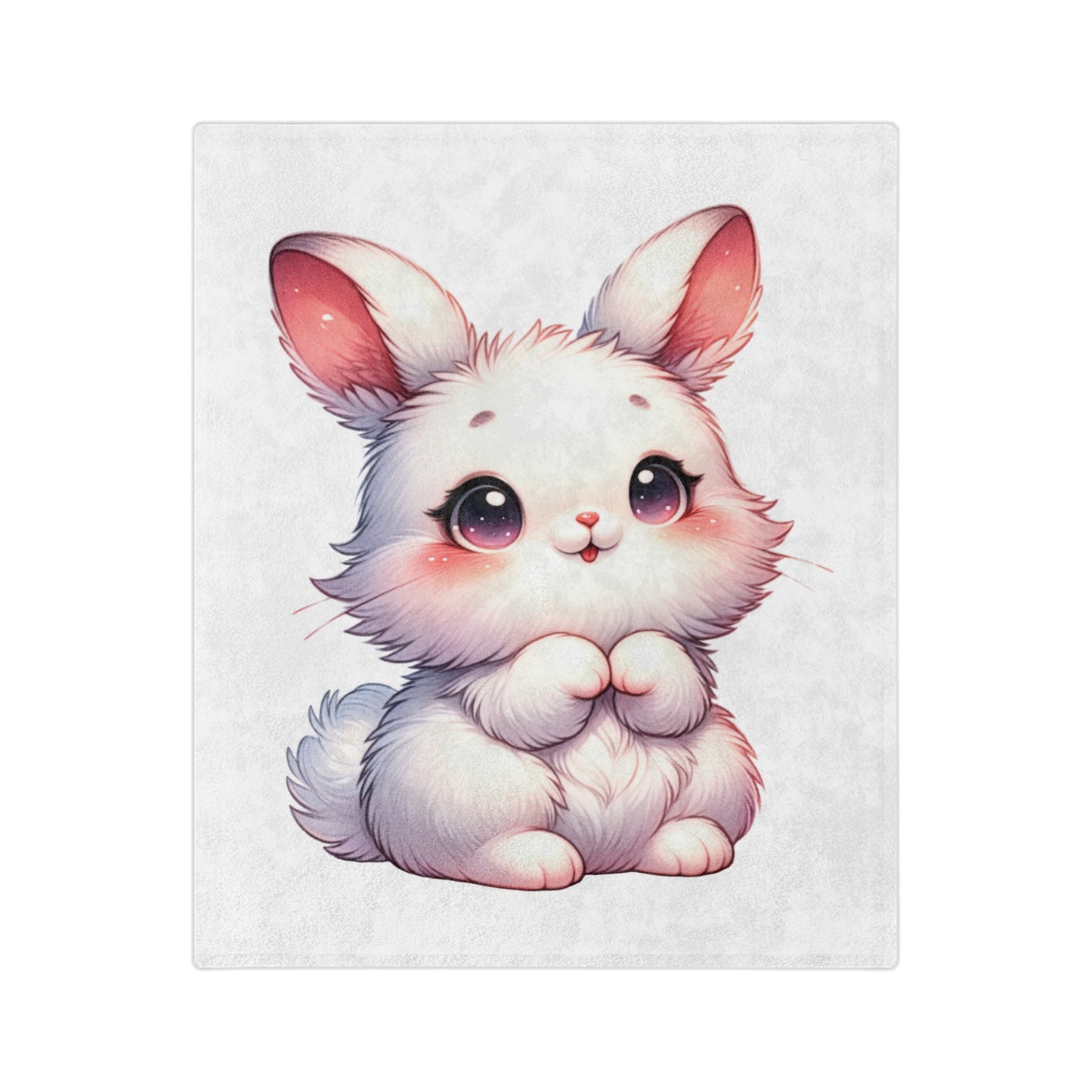 White velveteen blanket with a central illustration of an adorable white cartoon bunny rabbit with large sparkling eyes, rosy cheeks, and pink ears, sitting with paws together.