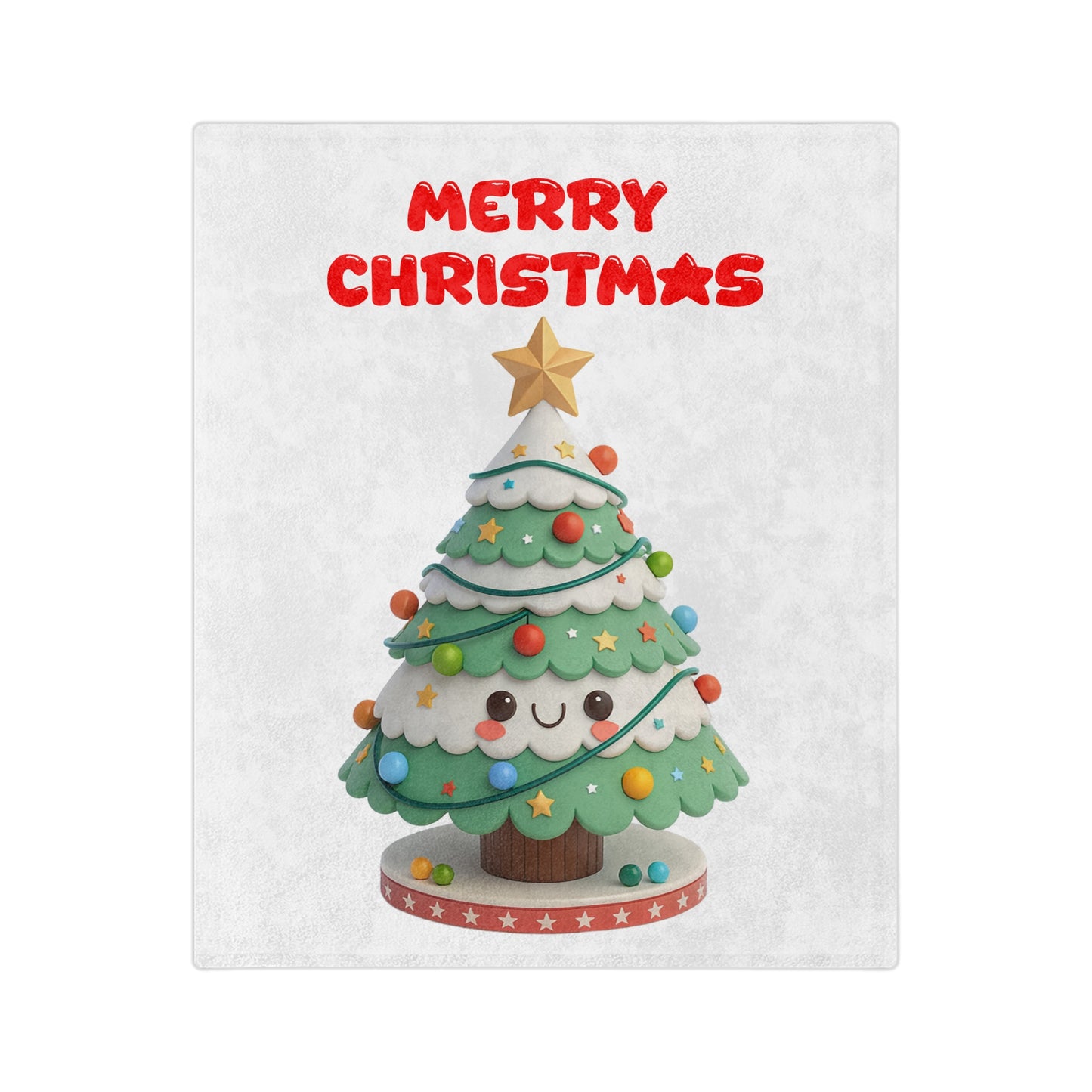 White velveteen blanket with a cute 3D-style illustration of a smiling cartoon Christmas tree with googly eyes, decorated with colorful ornaments and a star, with "Merry Christmas" in red text above it.