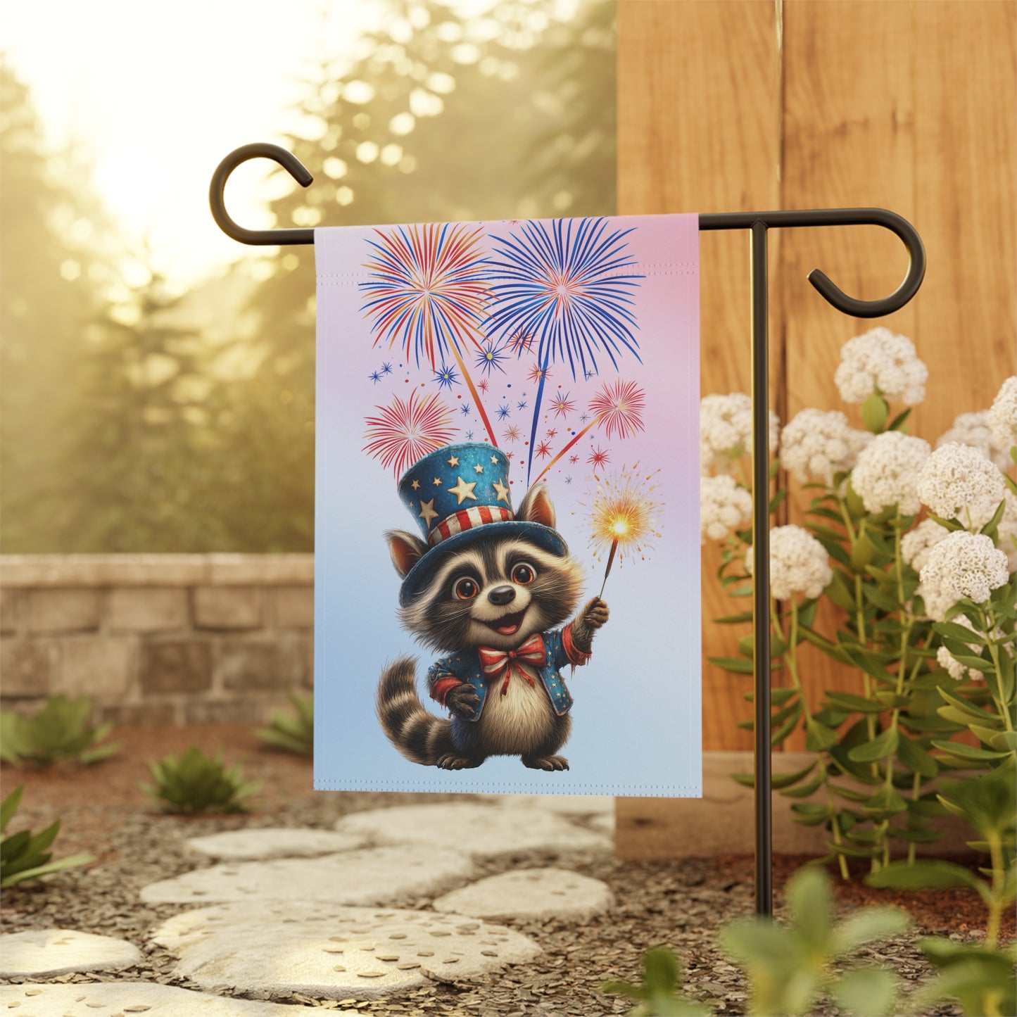 Happy Raccoon Patriotic Garden Flag