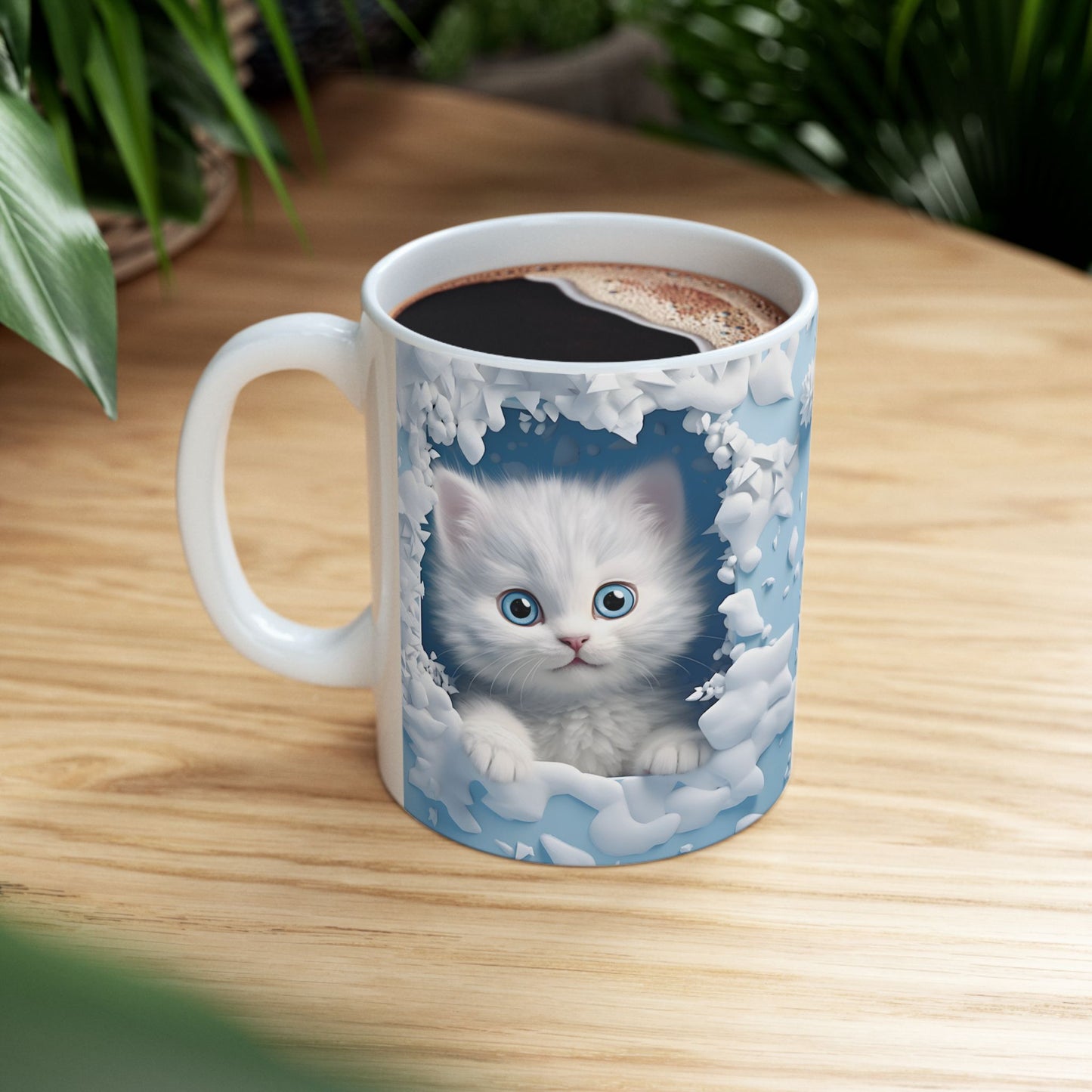 Adorable Blue-Eyed 3-D White Kitten Coffee Mug