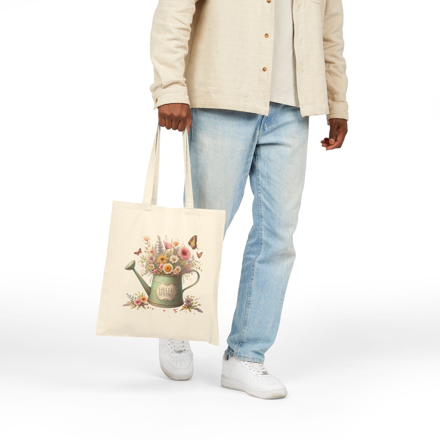 "Hello Spring" Floral Watering Can Canvas Tote Bag