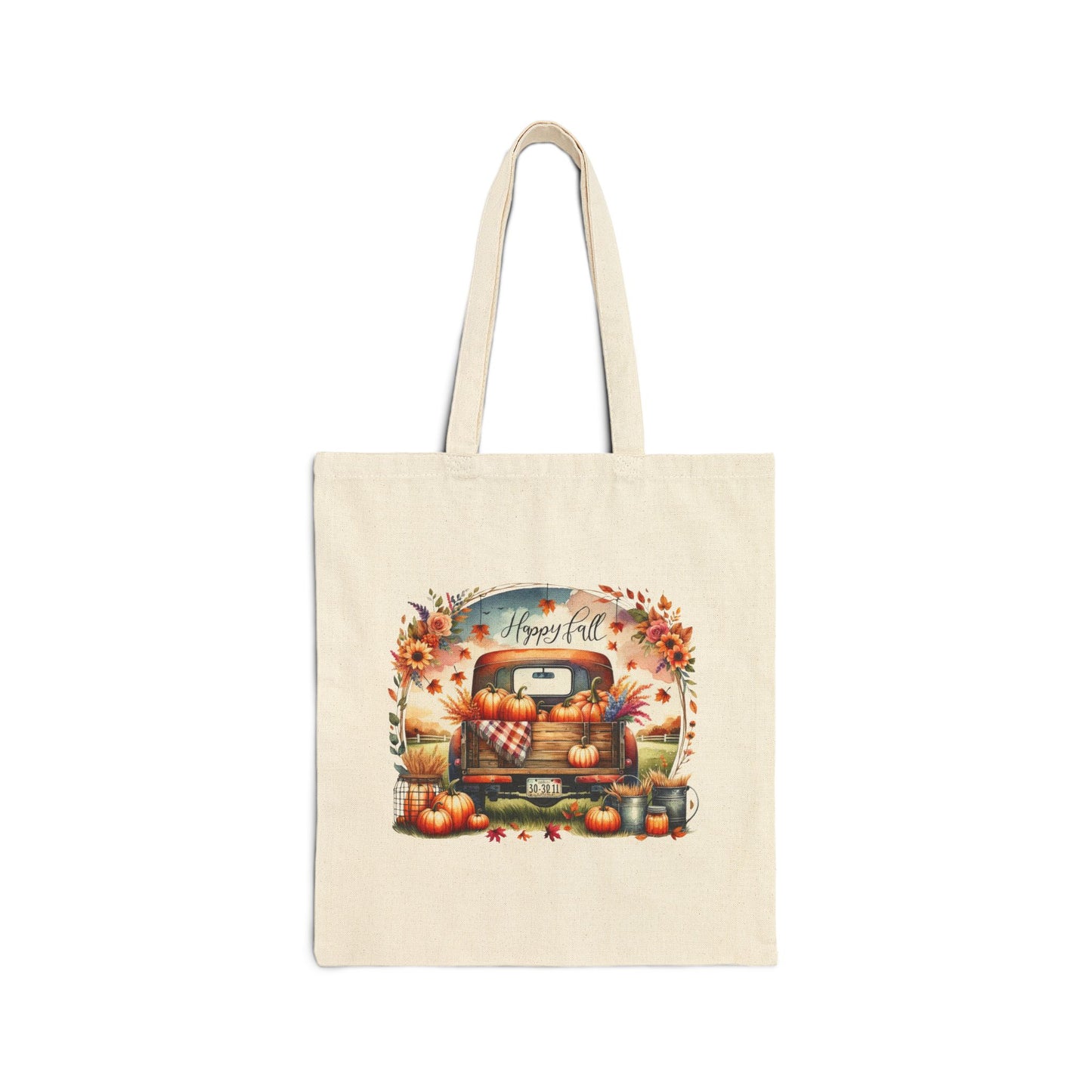 Happy Fall canvas tote bag featuring a vintage red truck filled with pumpkins, surrounded by a wreath of sunflowers and autumn leaves