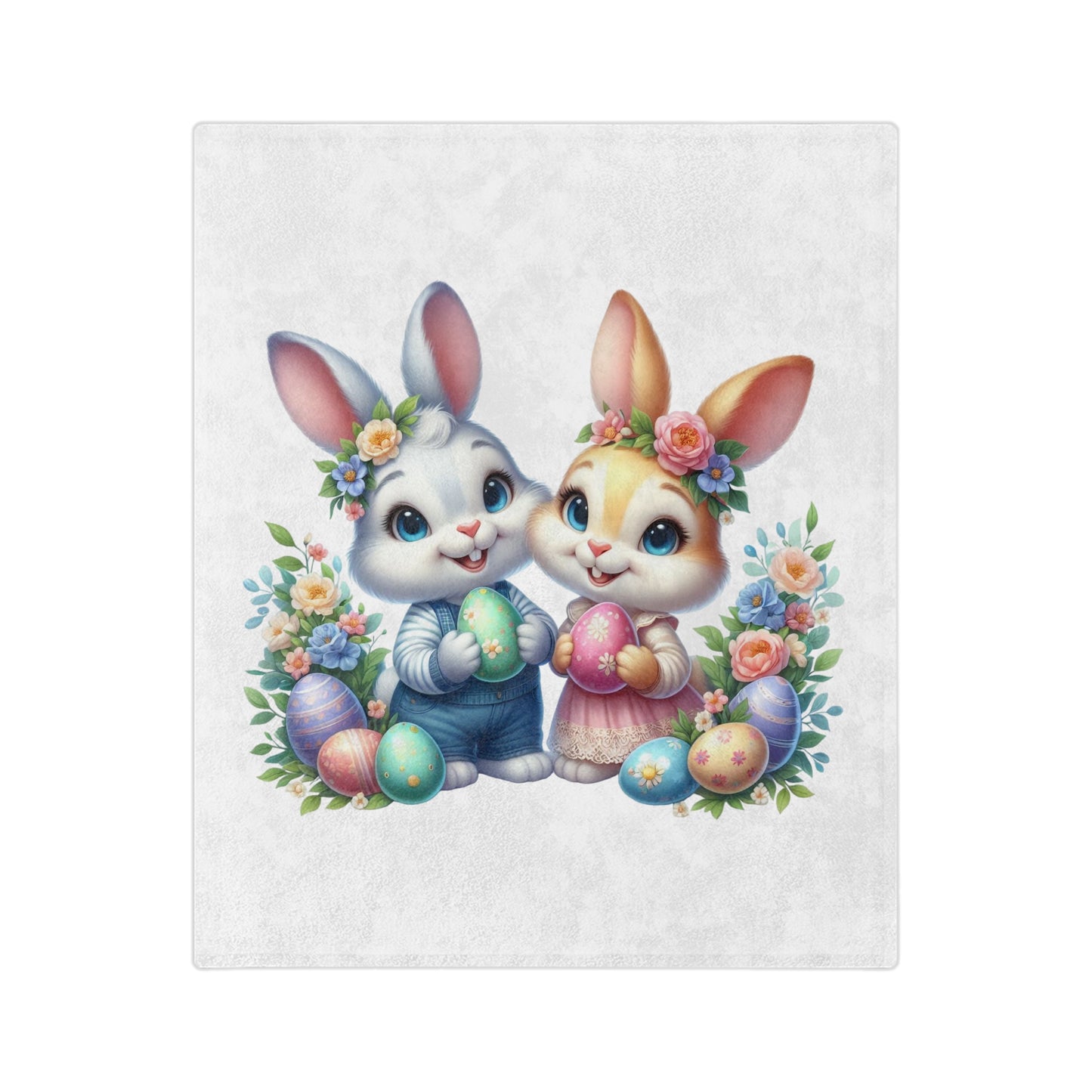 Lightweight velveteen blanket with a printed design of two adorable cartoon Easter bunnies, a gray one in blue overalls and an orange one in a pink dress, holding decorated eggs and surrounded by flowers.