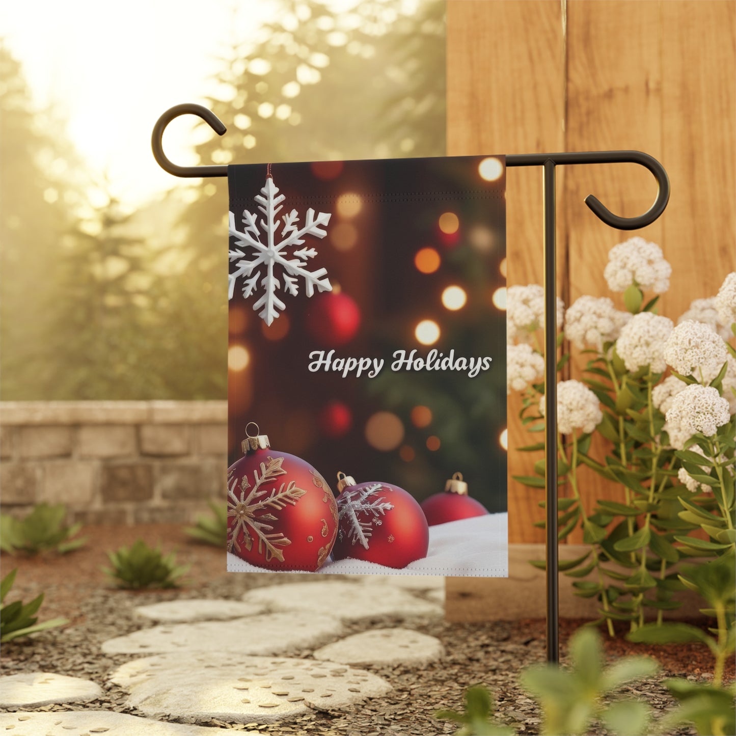 "Happy Holidays" Snowflake & Ornaments Garden Flag