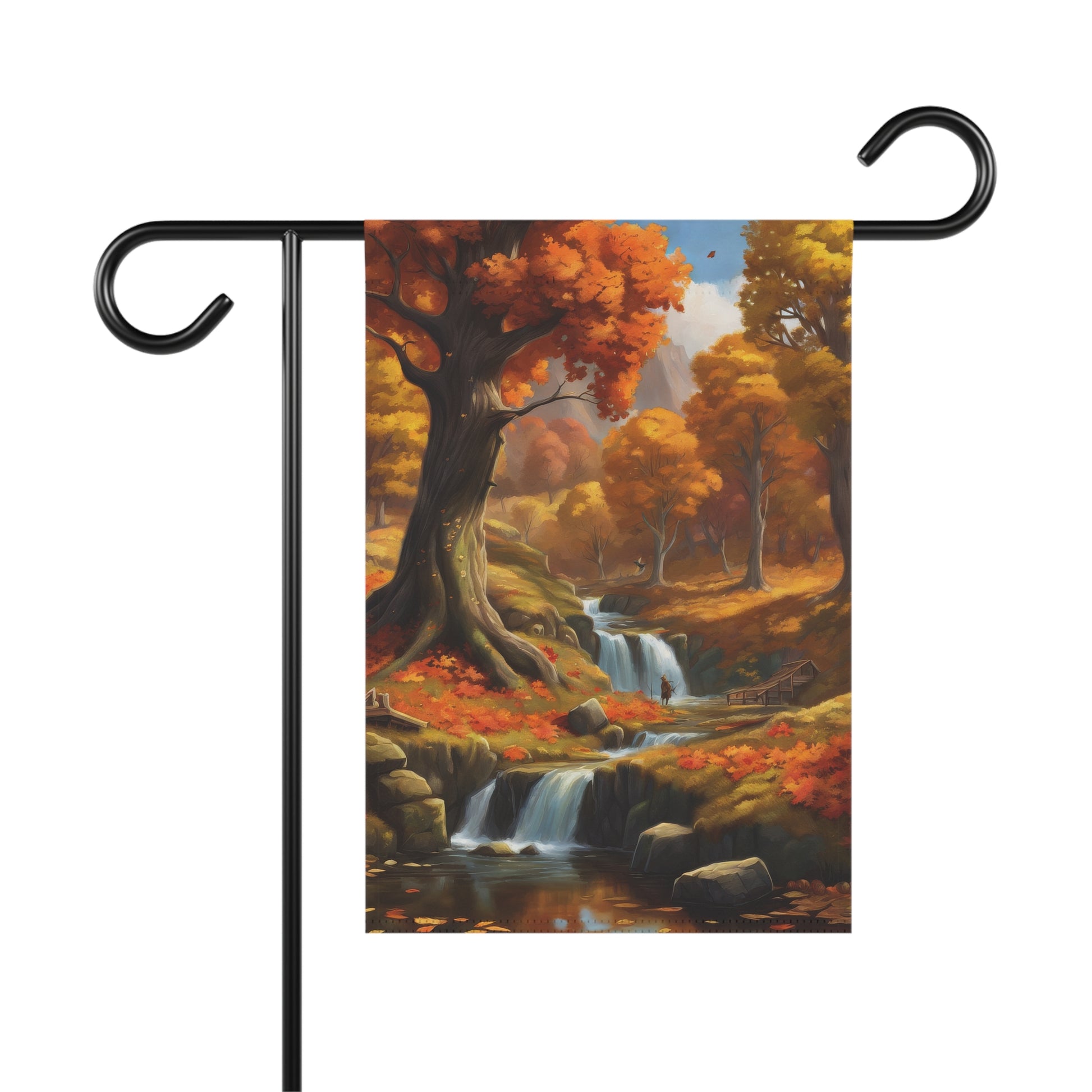 Garden flag depicting a scenic autumn landscape with multiple cascading waterfalls flowing through a forest of trees with orange and yellow fall foliage, with fallen leaves on the ground