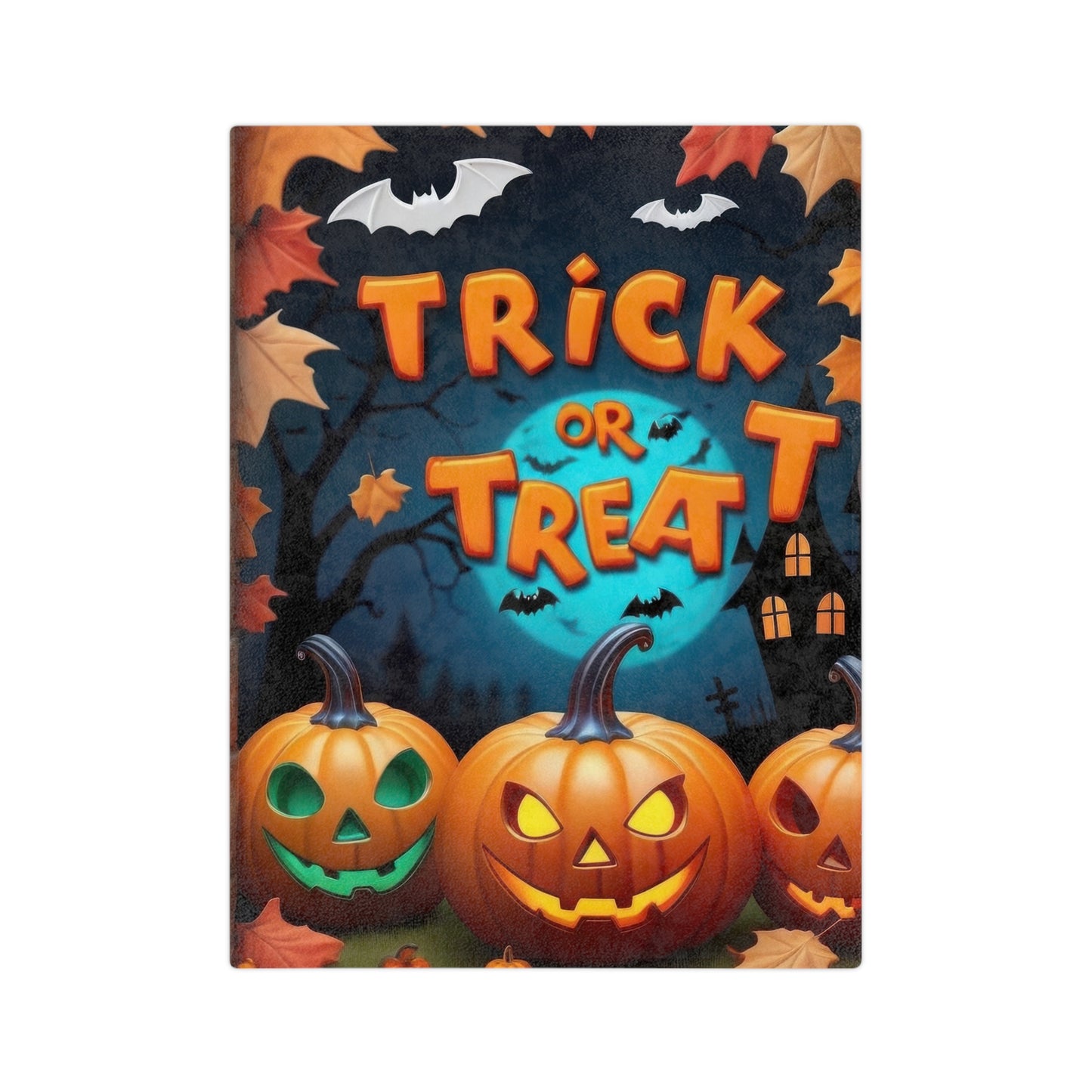 Halloween blanket with "Trick or Treat" text, three glowing jack-o'-lanterns, full moon, haunted house silhouette, and bats, spooky fall decor.