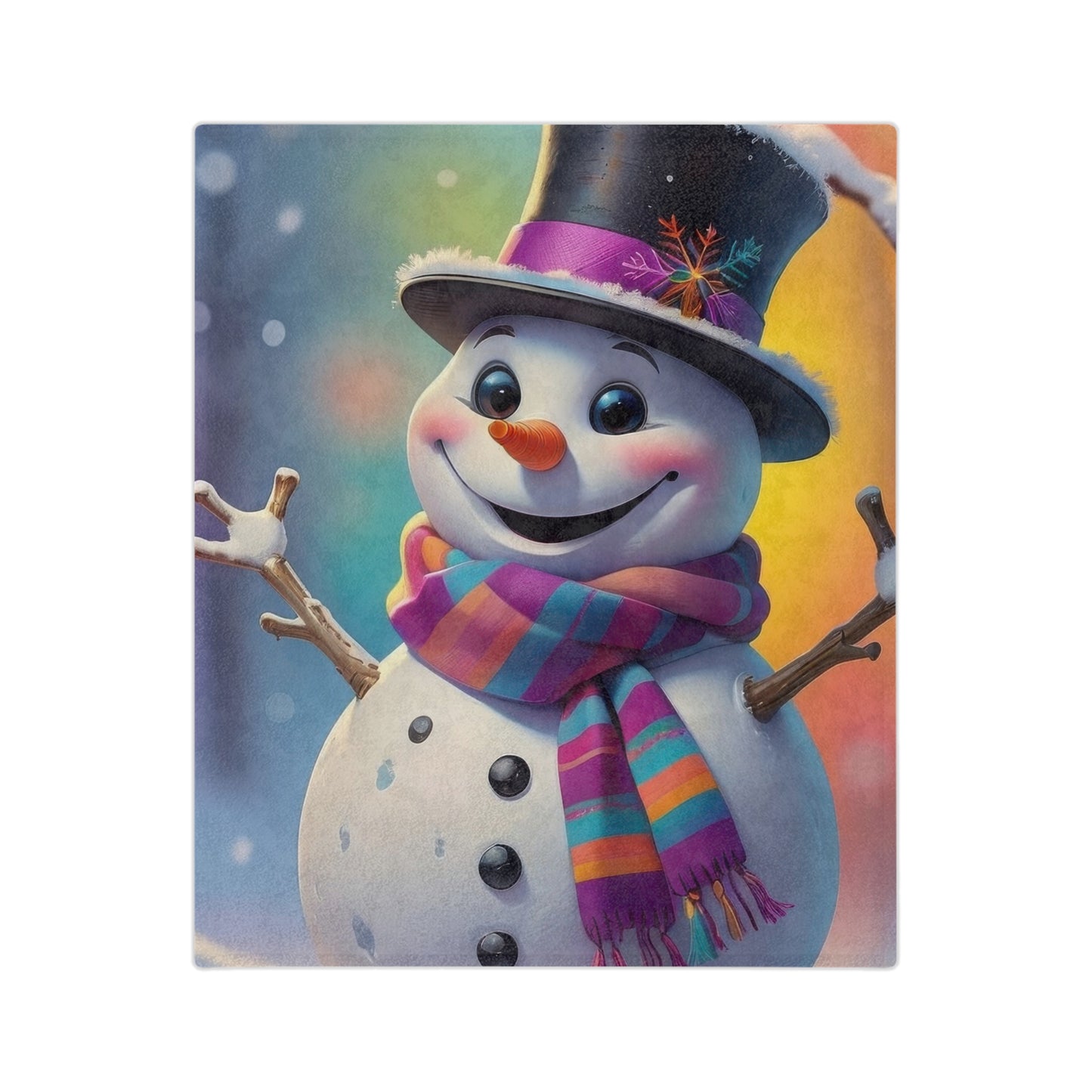 Cheerful snowman wearing top hat and colorful scarf on velveteen plush Christmas blanket