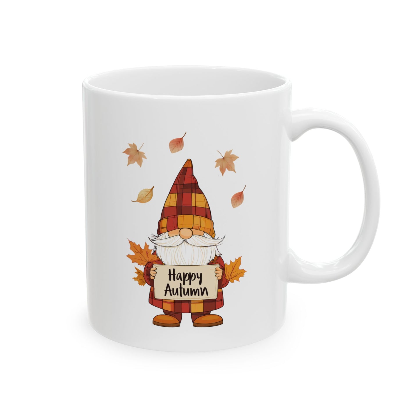 White ceramic coffee mug featuring a cartoon gnome with a plaid hat, a white beard, and a sign that says "Happy Autumn" surrounded by fall leaves.