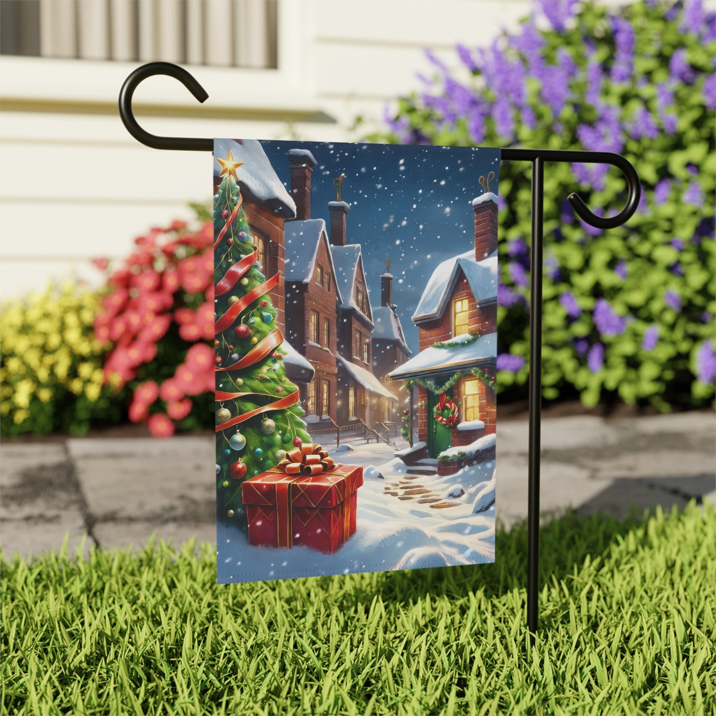 Cozy Christmas Street Garden Flag