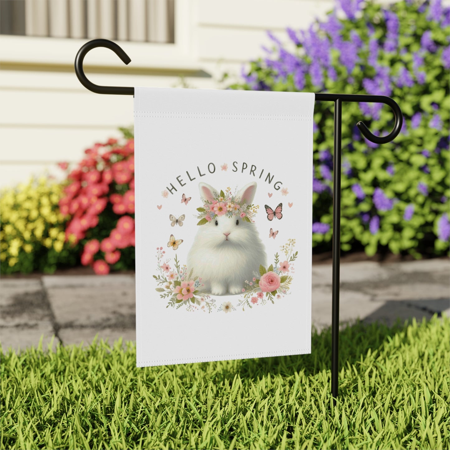 "Hello Spring" Fluffy Bunny Garden Flag