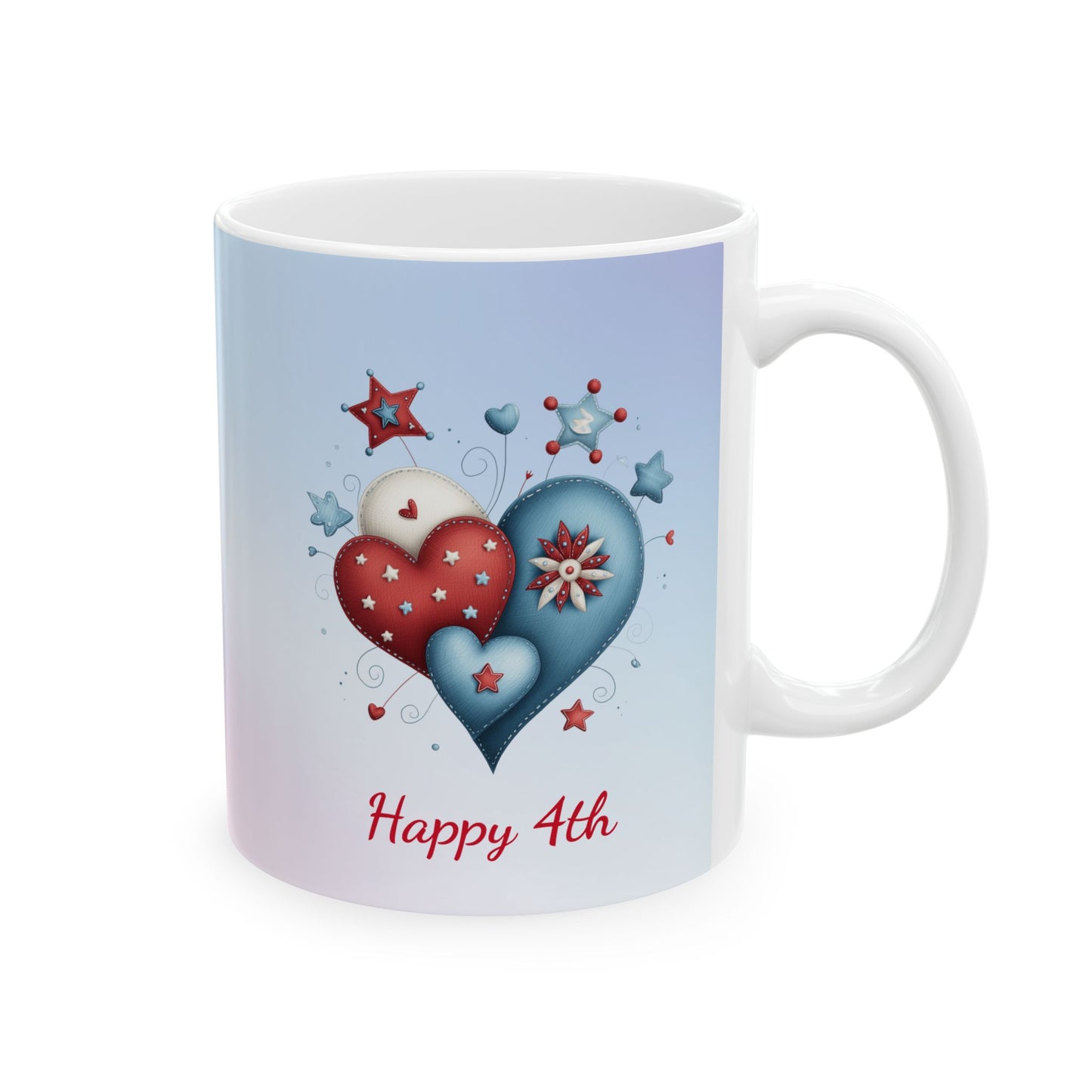 White ceramic coffee mug with a cluster of decorative red, white, and blue hearts adorned with stars, and red text 'Happy 4th'