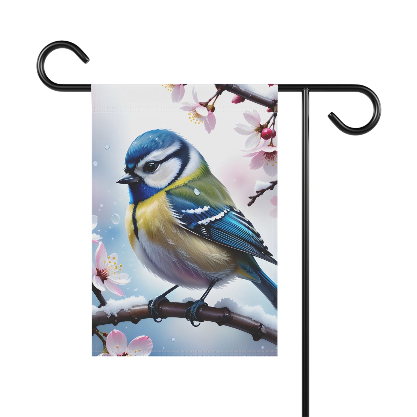 Blue Tit Bird Garden Flag with Cherry Blossoms