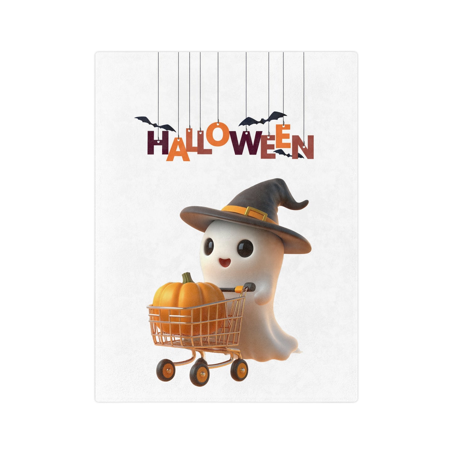 Halloween blanket with a cute ghost wearing a witch hat pushing a shopping cart with a pumpkin, "Halloween" banner with bats hanging, whimsical spooky decor.