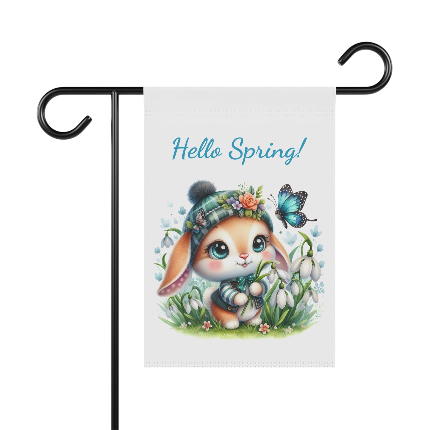 "Hello Spring!" garden flag featuring a cute watercolor bunny with a floral hat, holding snowdrops, with a butterfly nearby.