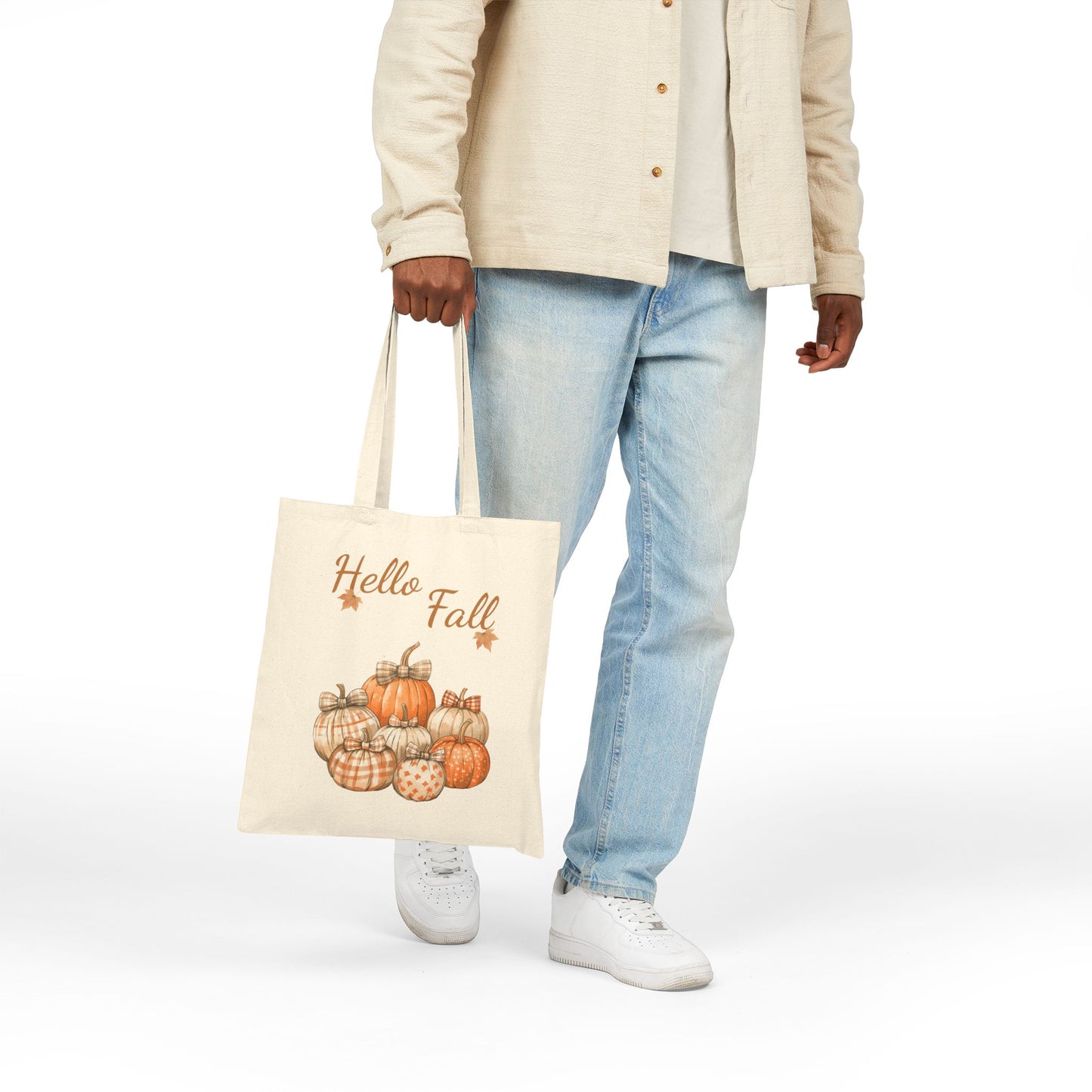 Hello Fall Watercolor Pumpkin Canvas Tote Bag