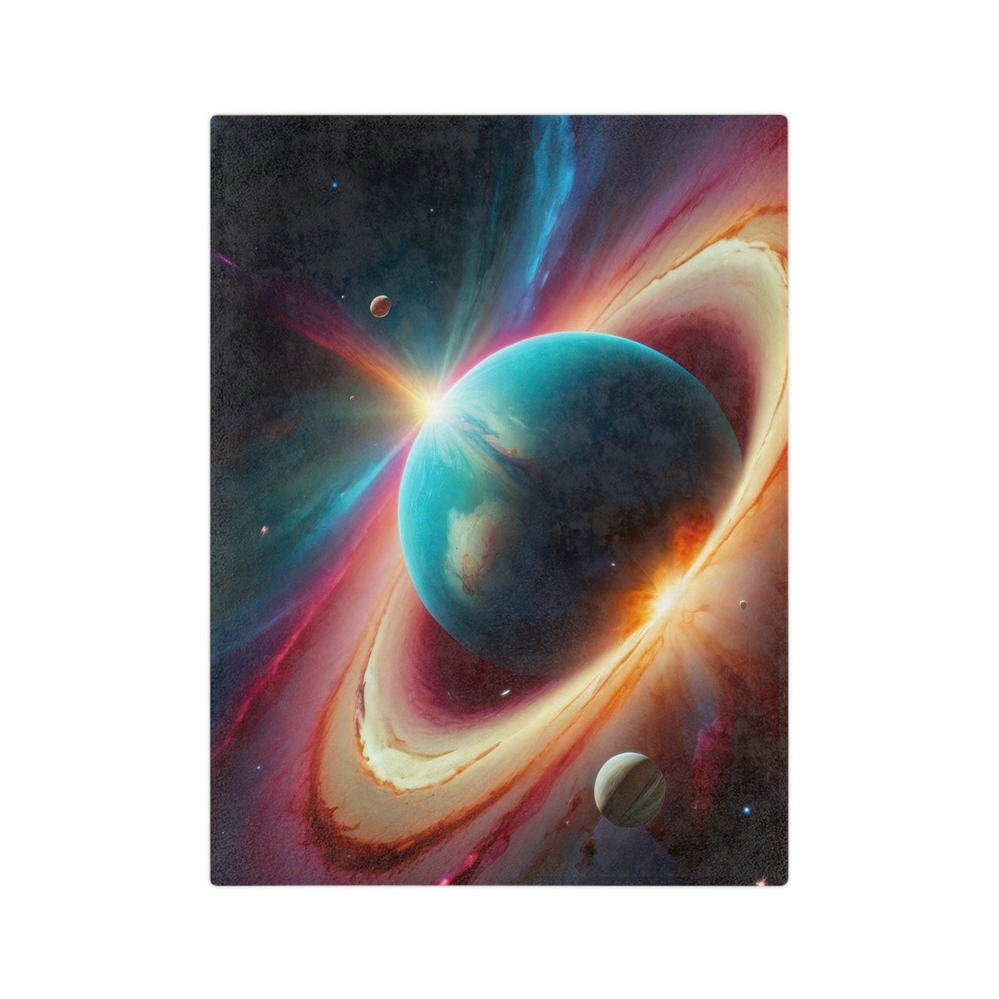 Celestial Orbit Velveteen Blanket with blue planet and glowing ring