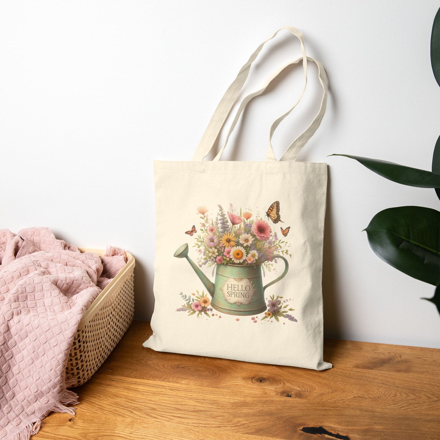"Hello Spring" Floral Watering Can Canvas Tote Bag