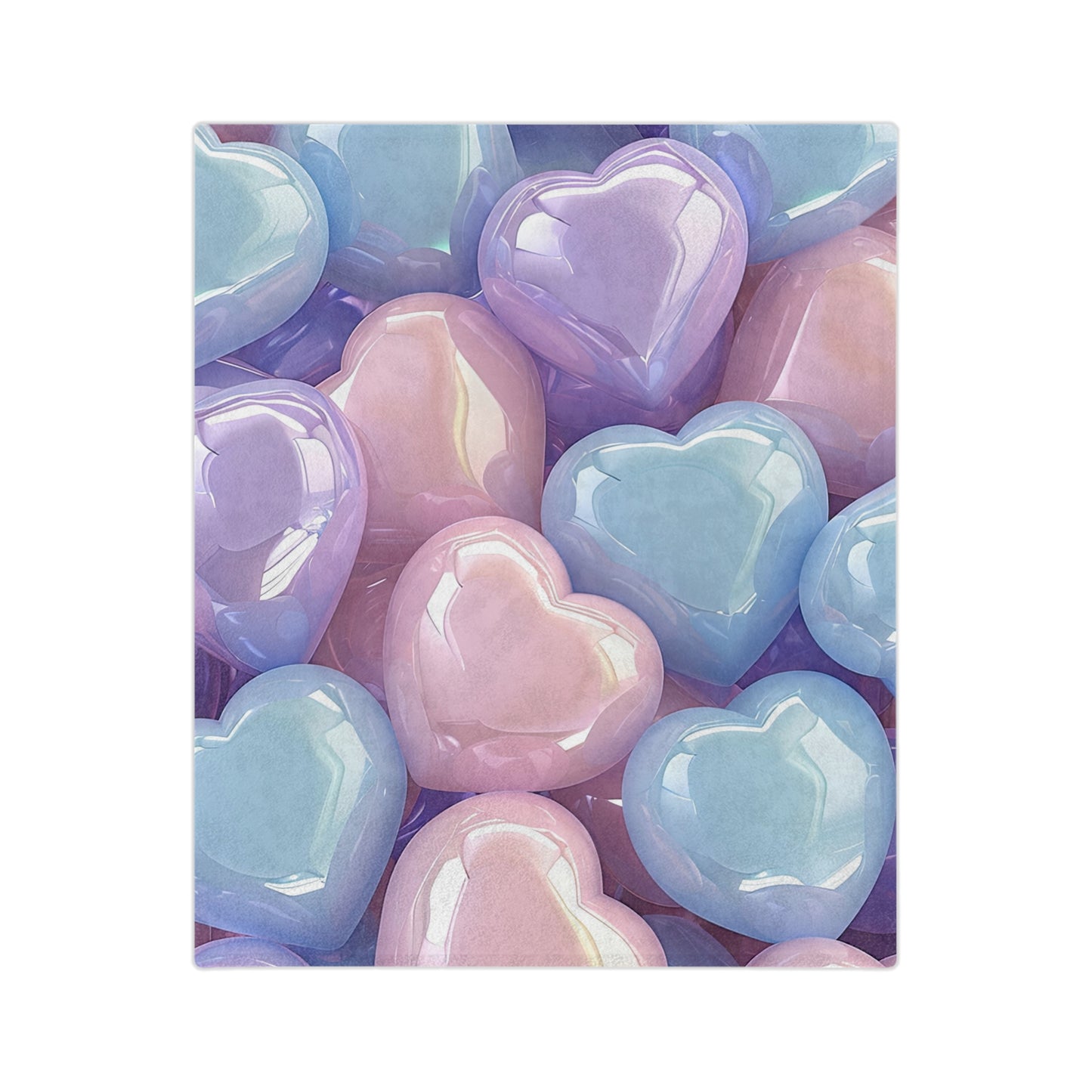 Velveteen blanket with a close-up pattern of glossy, puffed hearts in translucent pastel colors like light blue, lavender, pink, and pale yellow, resembling glass candy.
